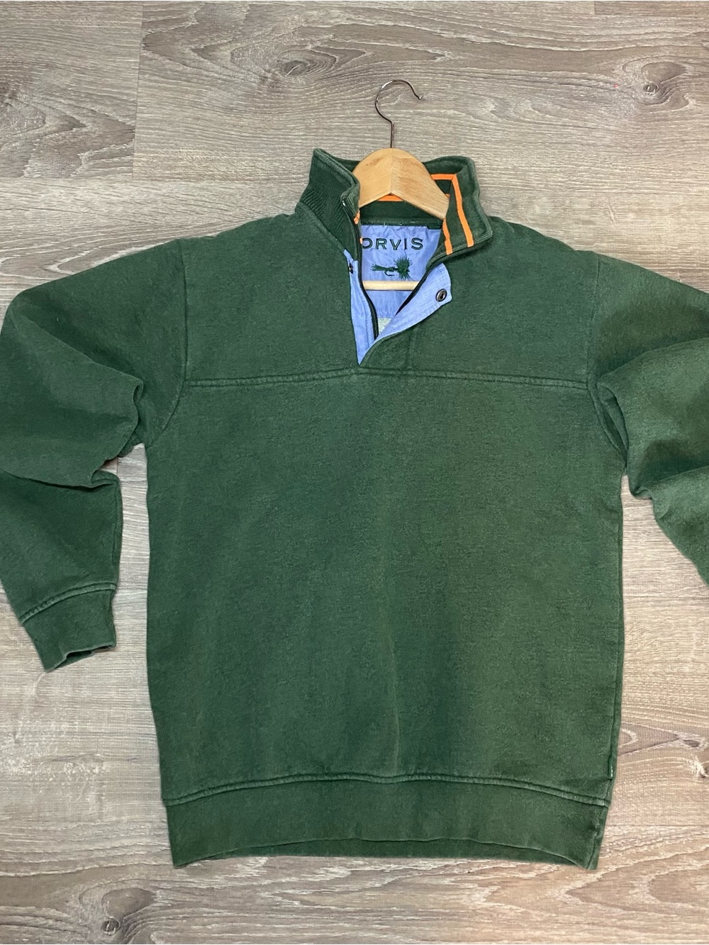Orvis Pullover Fleece Men’s Small Green Orange Quarter Zip Snap Mock Neck Preppy